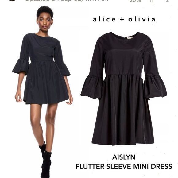 Alice and Olivia Aislyn Flutter Sleeve Black Zipper Back Mock neck Dress 10 NWT - Picture 1 of 12